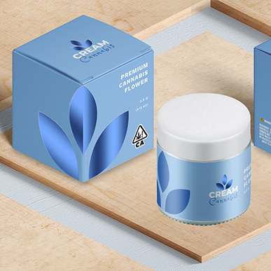 Custom Flower Jar Packaging with Cream Cannabis Header Small Design